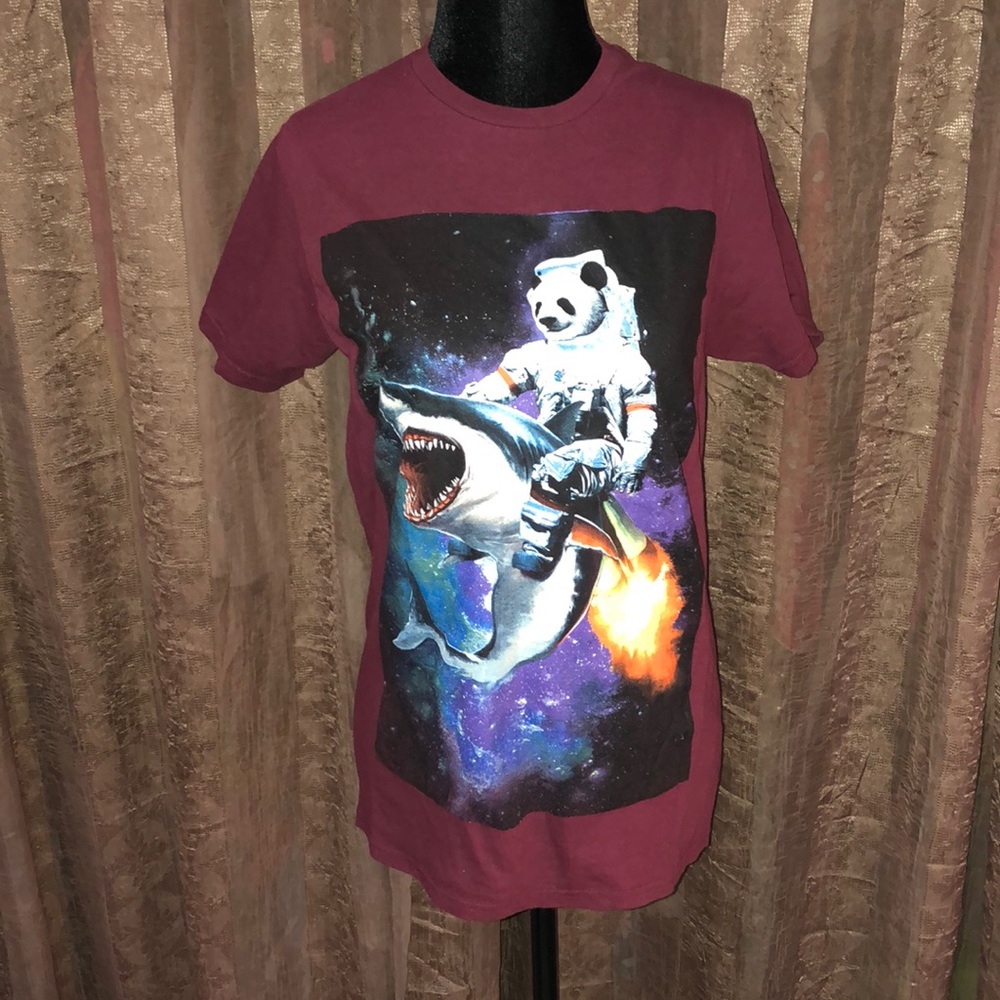 Burgundy Space Panda Riding A Shark Tee